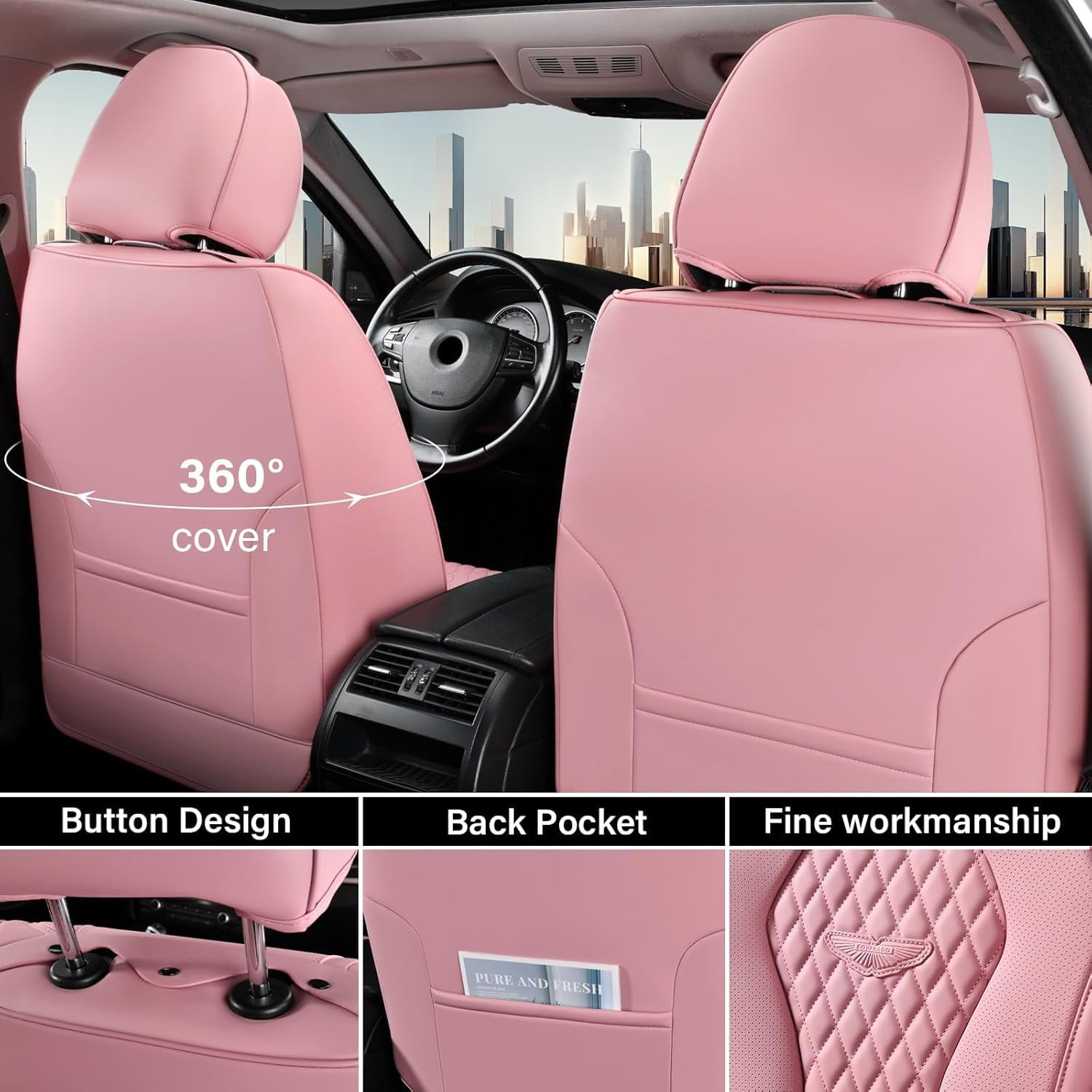 Coverado Car Seat Covers Full Set, Pink Front and Back Automotive Seat Protectors, Universal Leather Auto Cushions Fit for Most Cars, SUVs and Trucks