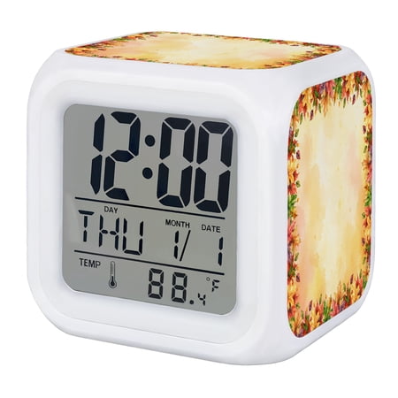 Fall Maple Leaves Digital Alarm Clock for Bedrooms,Smart LED Alarm Clock with 7 Color Changing Night Light,Thanksgiving Botanical Rustic Orange Silent Wake Up Clocks for Sleep Study Cooking 3.2x3.2