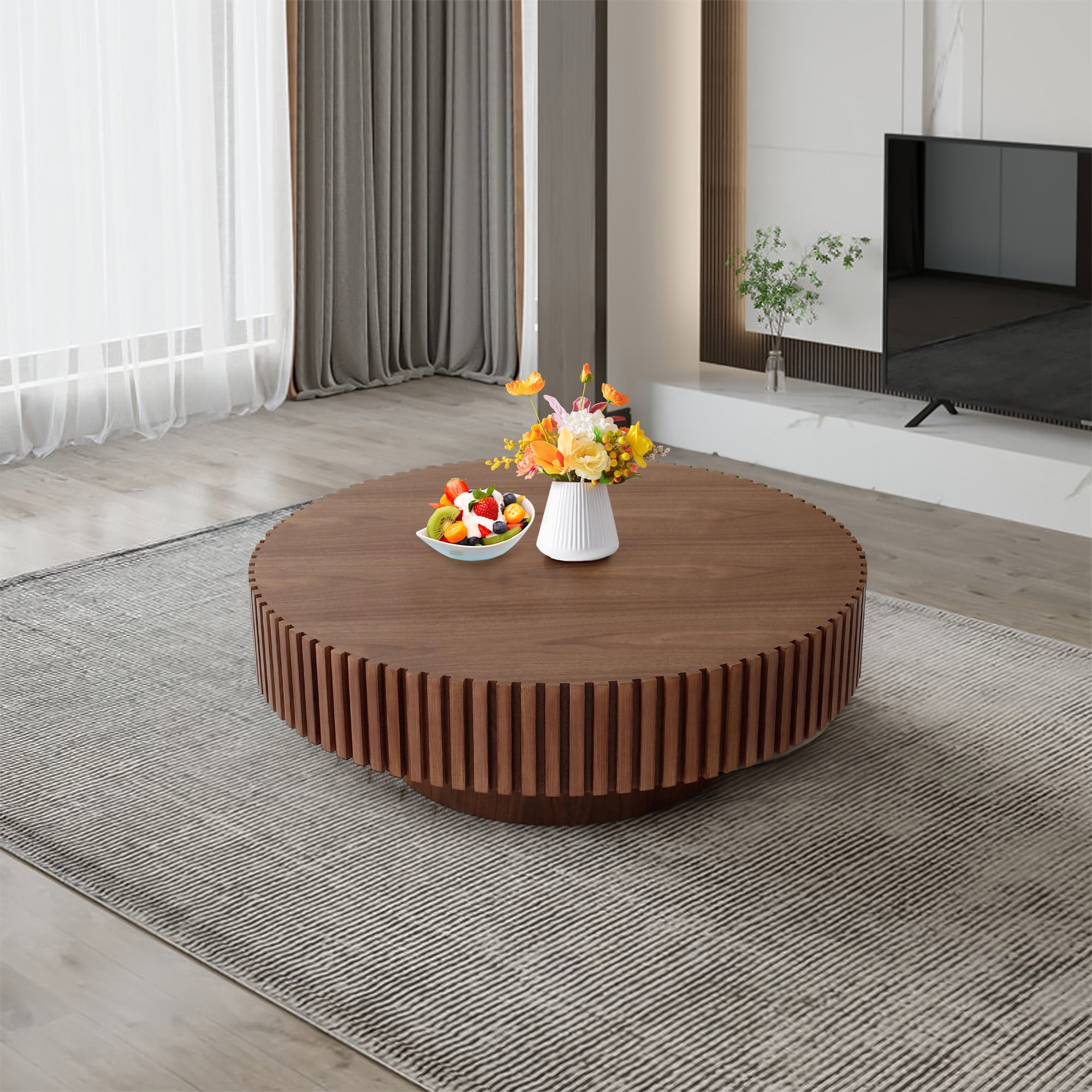 FFH 31.5" Round Coffee Table for Living Room,Rustic Modern Coffee Table with Sturdy Pedestal,Nature Wood Handcraft Corner Coffee Table,Circle Side Table Centre Table for Apartment,Walnut