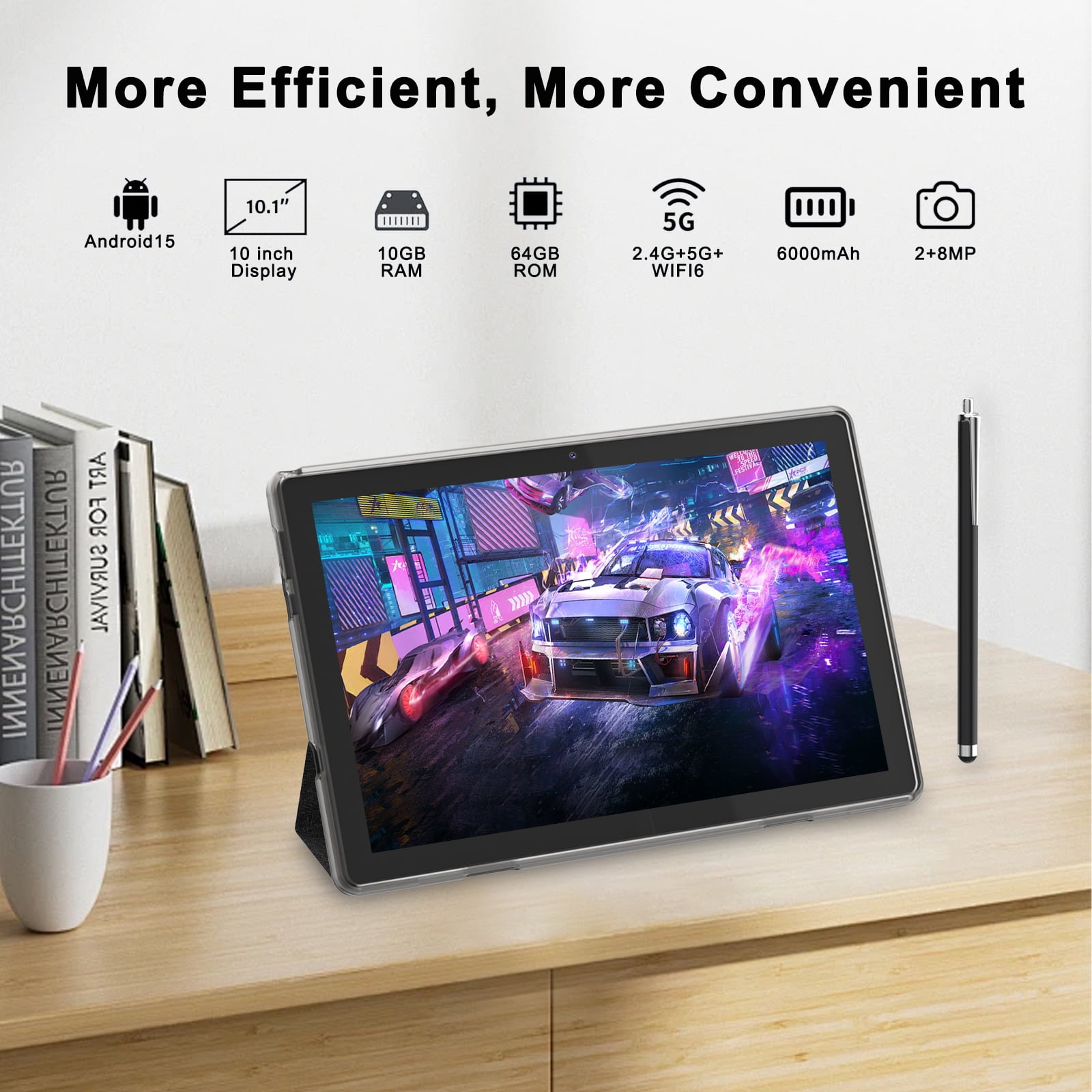 Peicheng 10" Android 15 Tablet, 10(4+6Expand)GB RAM+64GB ROM Tablet Kit with Protective Case/Stylus, 2+8MP Dual Camera, 6000mAh Battery (1set, Black)