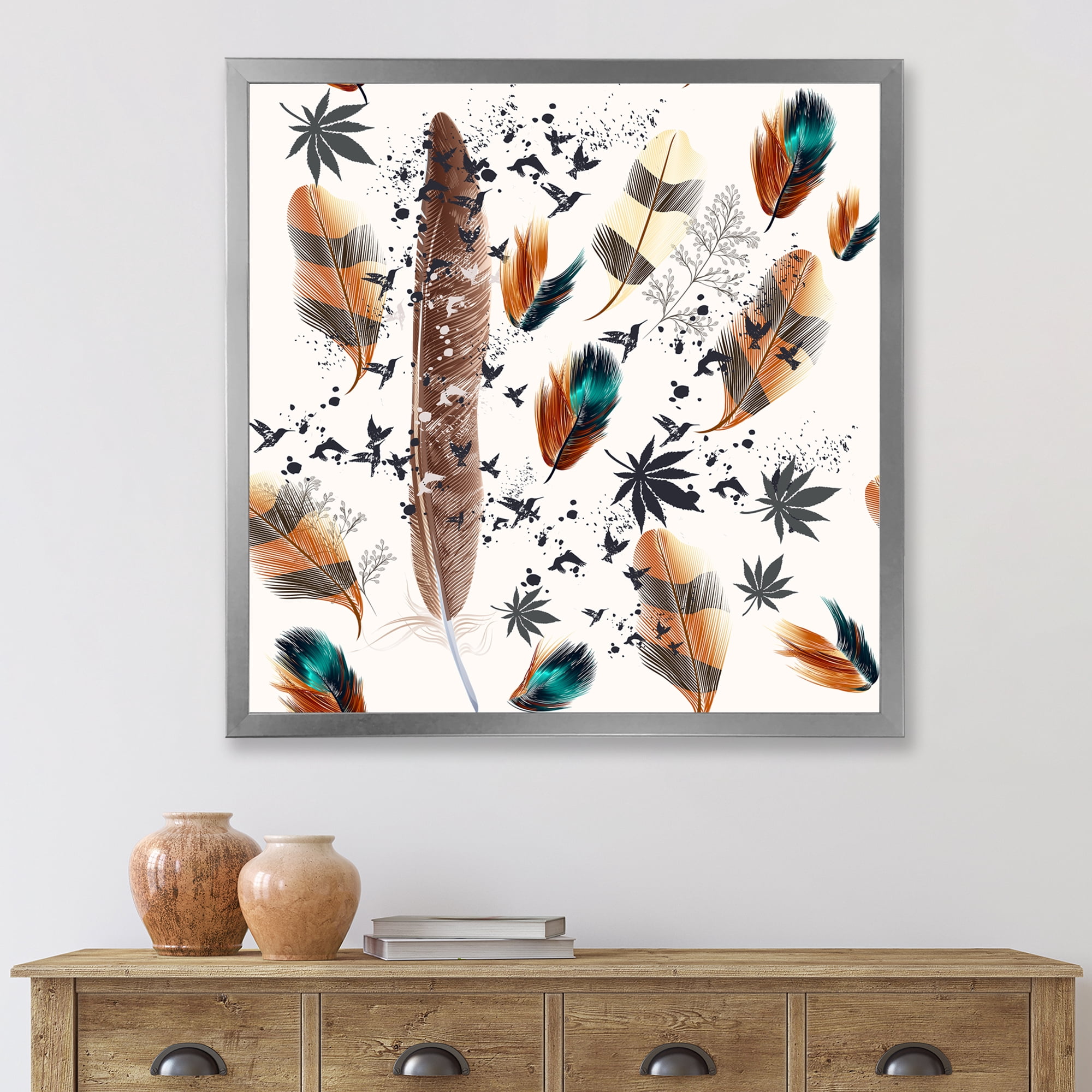 Designart 'Multicolored Feather Pattern With Floral' Bohemian & Eclectic Framed Art Print