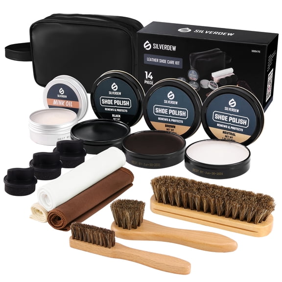 SILVERDEW 14PCS Leather Shoe Care Kit with Polish, Mink Oil & Brushes for Shoes, Boots & Bags