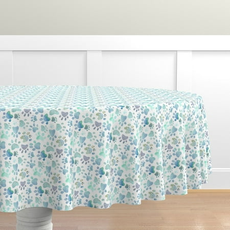 

Cotton Sateen Tablecloth 90 Round - Paw Prints Blue Dogs Puppy Watercolor Nursery Print Custom Table Linens by Spoonflower