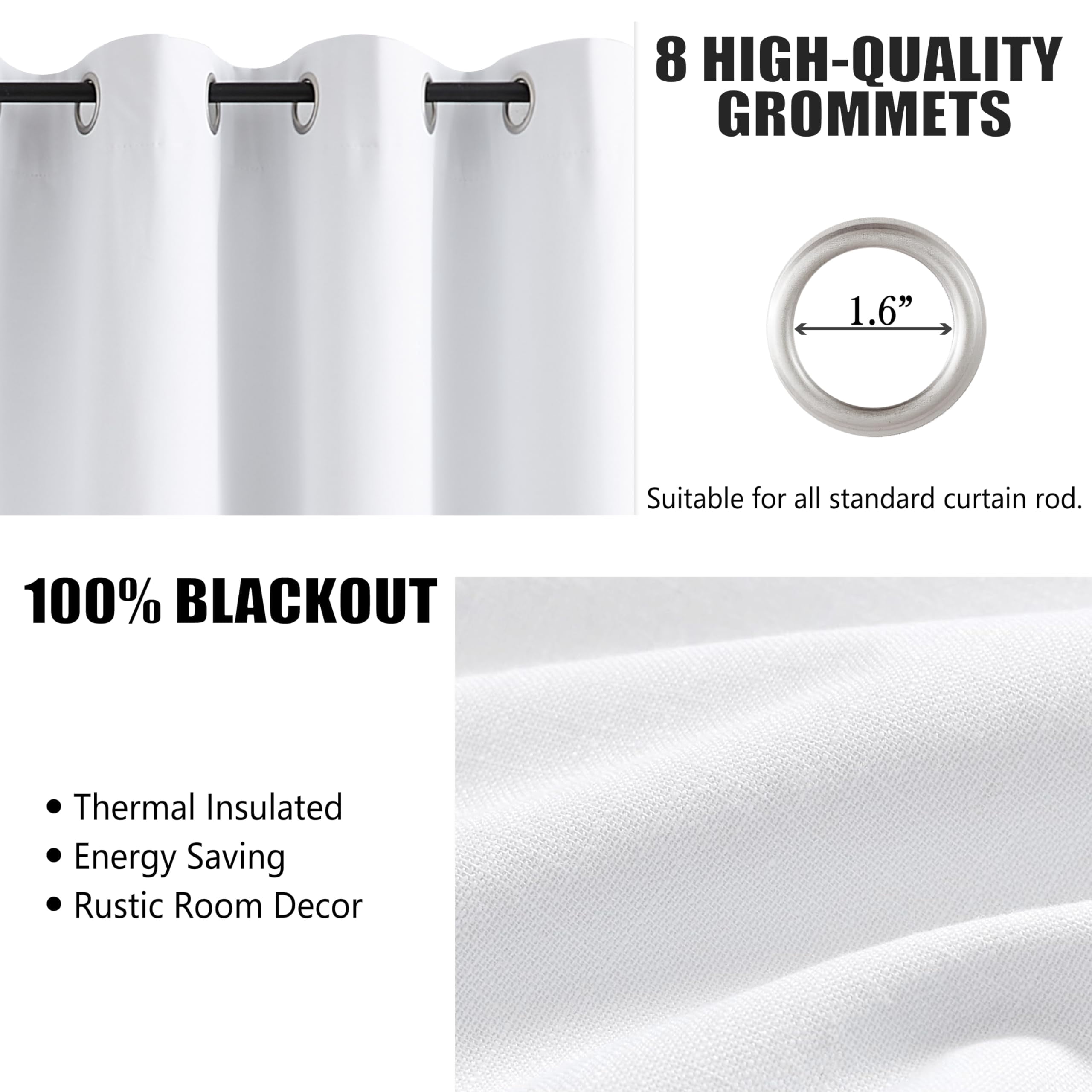 White Full Blackout Window Curtains for Bedroom Noise Reducing Room Darkening Thermal Insulated Drapes Heavy Linen Texture 8 Grommets Top for Living Room with White Liner, 52" x 72", 2 Panels