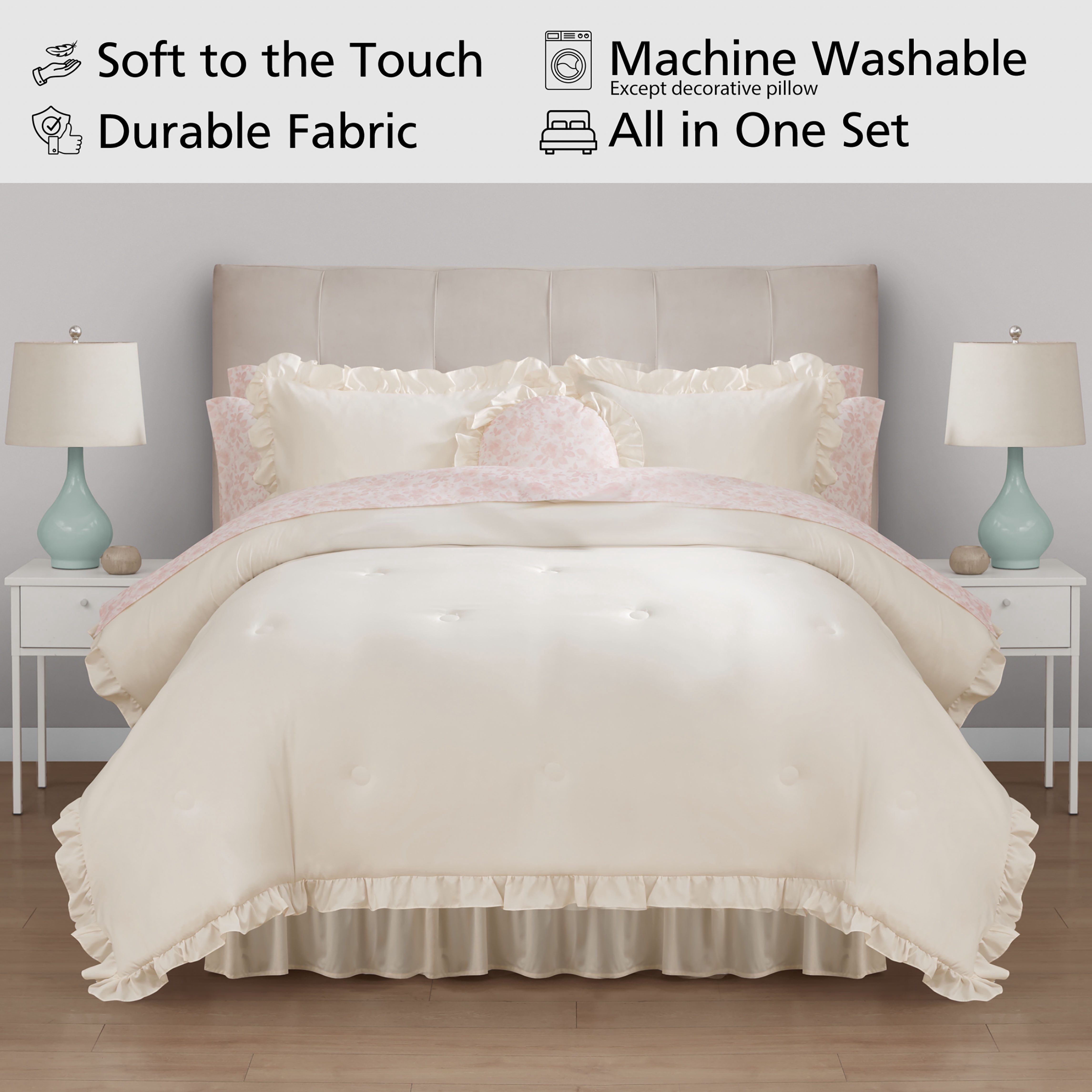 Mainstays All in One Reversible Comforter and Sheet set- 11 Piece, King, Cream Ruffle