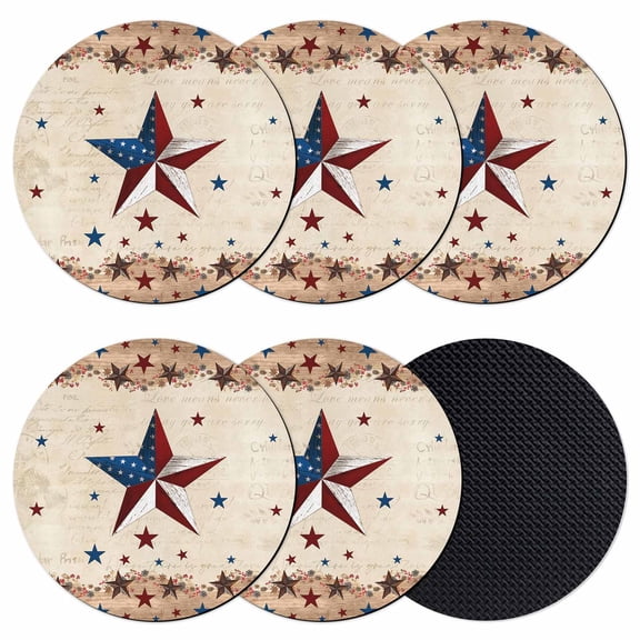 Independence Day Coasters Set of 6, Absorbent Coasters for Drinks, Rustic Texas Star Farmhouse Wooden Coaster for Desk Coffee Table Protection, Home Decor House Warming Gifts 4"
