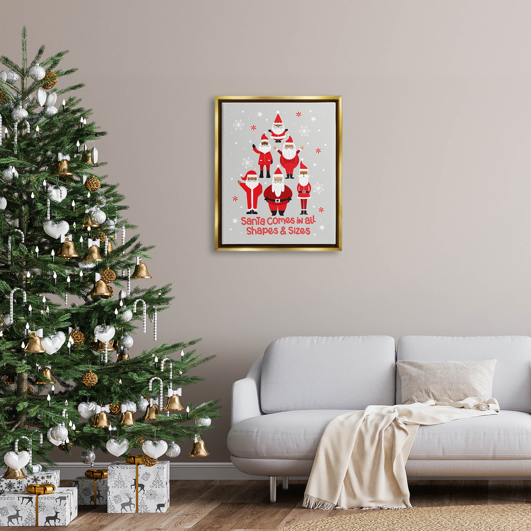 Santa All Shapes & Sizes Christmas Phrase Holiday Graphic Art Metallic Gold Framed Art Print Wall Art