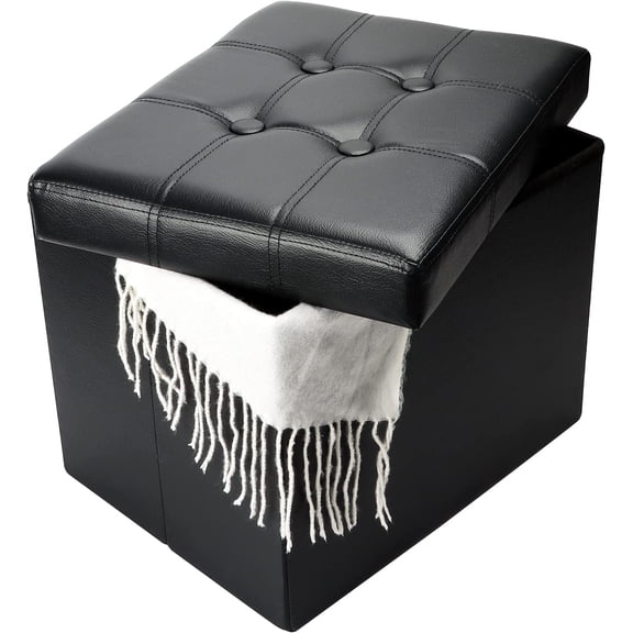 Storage Ottoman, Folding Foot Stool with Thicker Foam Padded Seat Small Leather Ottoman Bench Rest for Living Room Foldable Coffee Table 17x13x13in,Black