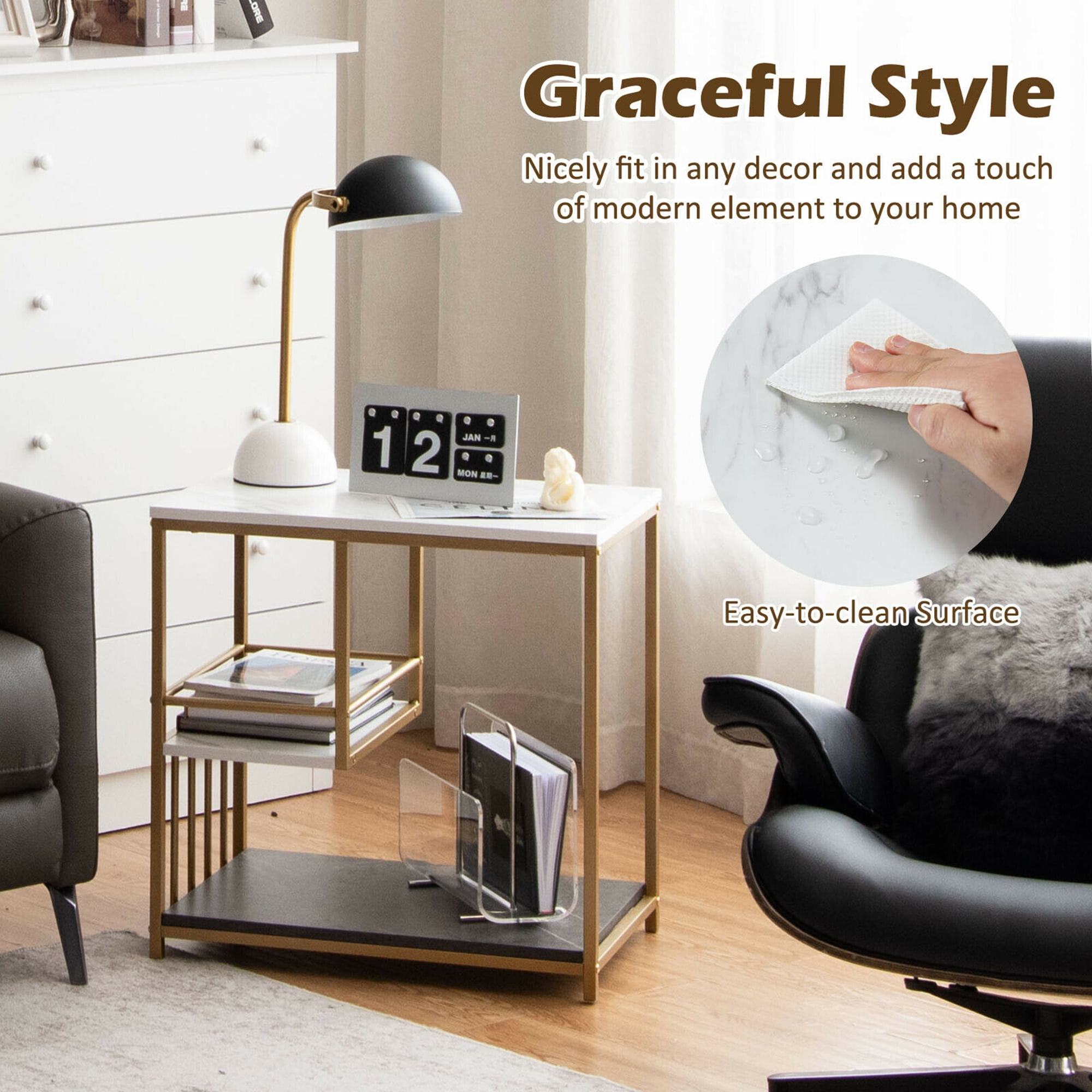 Gymax 3 Tier Side Table with Open Storage, White/Gold