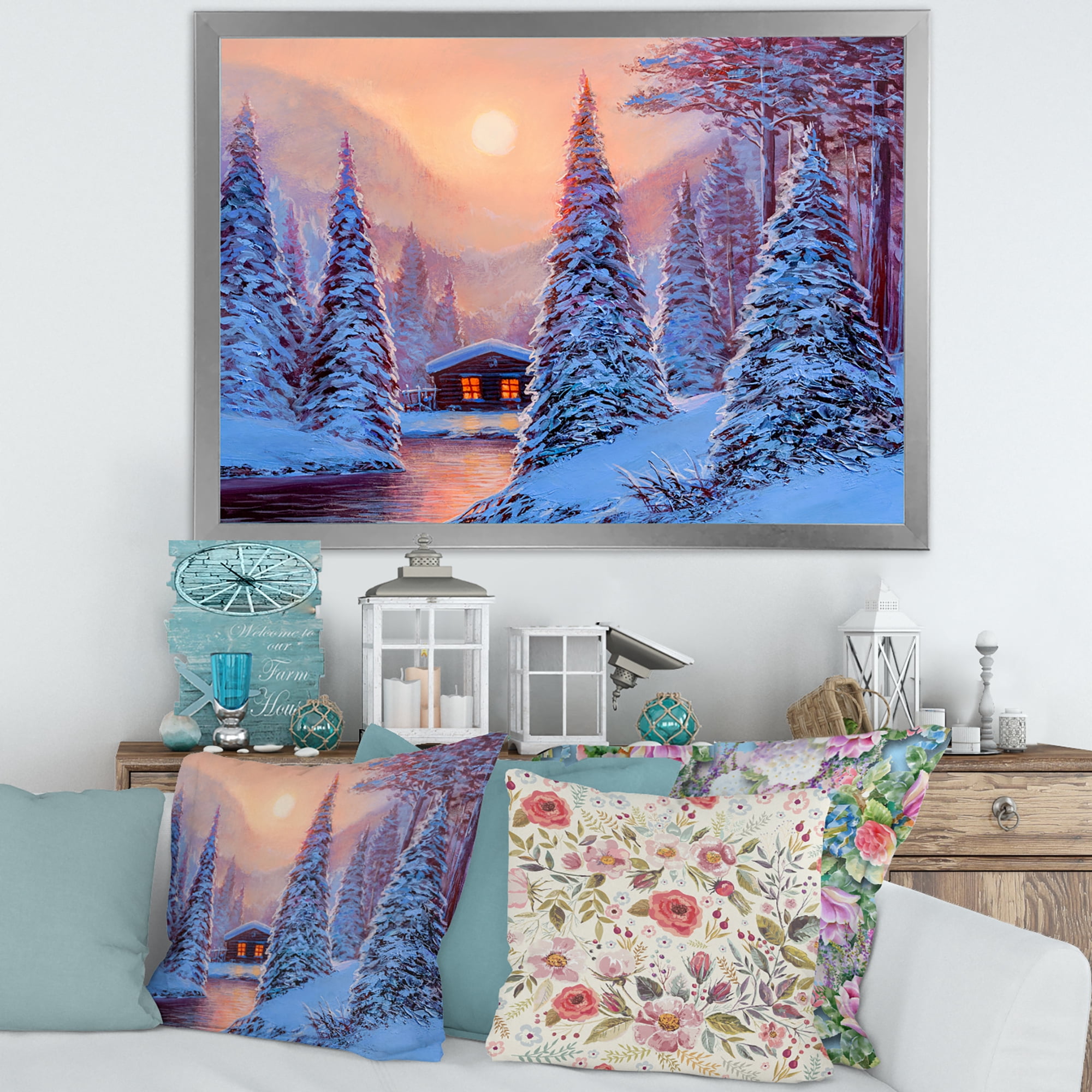 Designart 'The River House In The Woods and Winter Landscape I' Lake House Framed Art Print