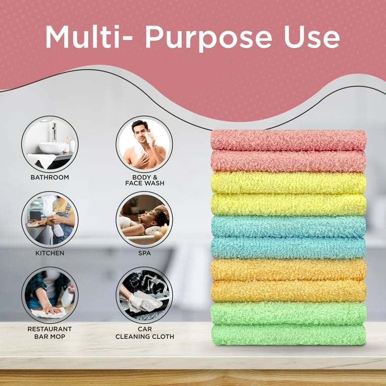 DecorRack 100% Cotton Wash Cloth, 12 x 12 inch Towels, Pastel Colors (10  Pack)
