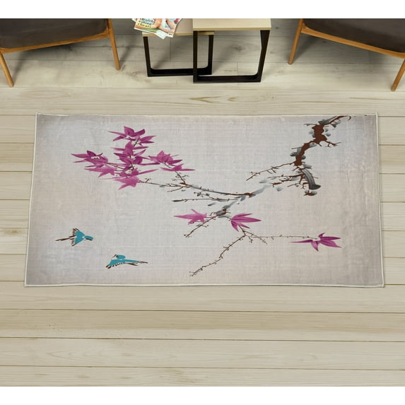Japanese Decorative Rug, Cherry Blossom Sakura Tree Branches Romantic Spring Themed Watercolor Picture, Quality Carpet for Bedroom Dorm and Living Room, 6 Sizes, Dark Magenta, by Ambesonne