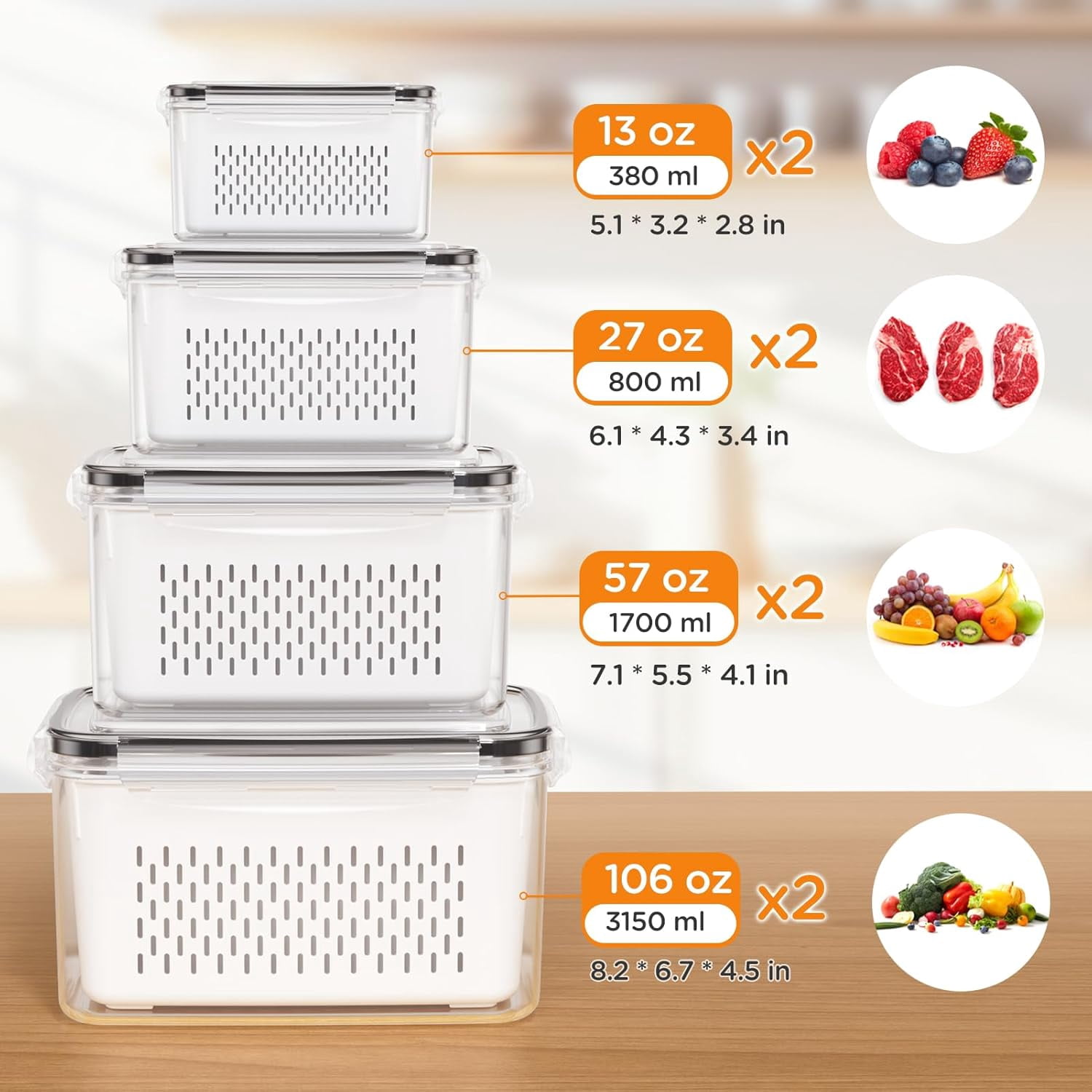 4/8 PCSFood Storage Containers For Fridge With Removable Colander, Leak Proof Refrigerator Organizers for Vegetable Produce, Keep Berry Fruits Food Fresh Longer