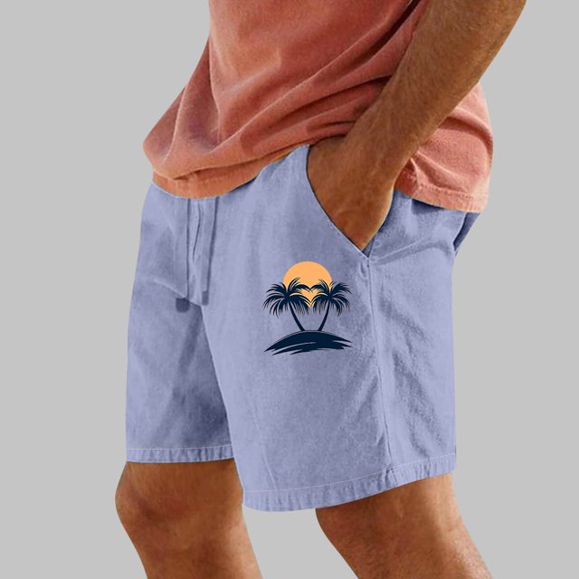Sentmoon Shorts Men Lightweight Summer Straight Elastic Waist Swim Trunks Palm Tree Print Workout Shorts Side Pockets 2025 Athleisure for Weekend Outings Blue L