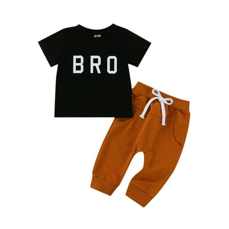 

Frobukio 2Pcs Toddler Little Boys Casual Outfits Letter Printing Short Sleeve Round Collar Tops + Solid Color Pants Black 1-2 Years