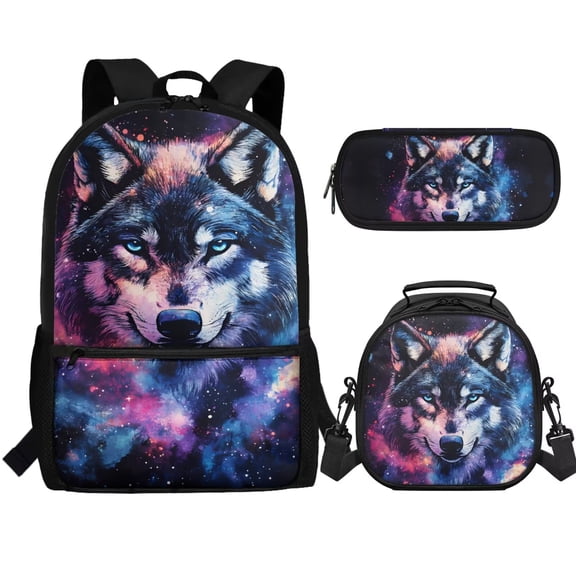 Jeiento Galaxy Wolf Backpack for Boys Bookbag and Lunch Box Set 17 Inch School Bag with Lunch Bag Pencil Case 3rd Grade Kindergarten Book Bag Adjustable Travel Daypack