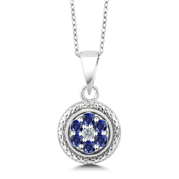 Gem Stone King 925 Sterling Silver Blue Created Sapphire and White Diamond Round Pendant Necklace for Women (0.43 Cttw, Gemstone Birthstone, with 18 inch Chain)