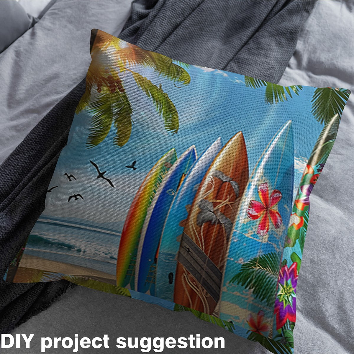Manfei Sea Surfing Sewing & Crafting Fabric (1 Yard) for Kids Teens Boys, Surfboard Print Home Decor Fabric by the Yard, Tropical Beach DIY Fabric