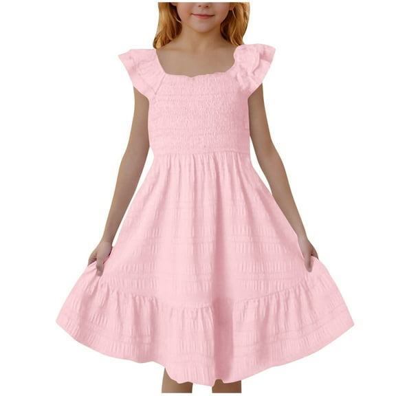 FAIWAD Girl's Summer Dresses Smocked Ruffle Sleeve Tiered A Line Sundresses Kids Casual Party Dresses 3-14 Years