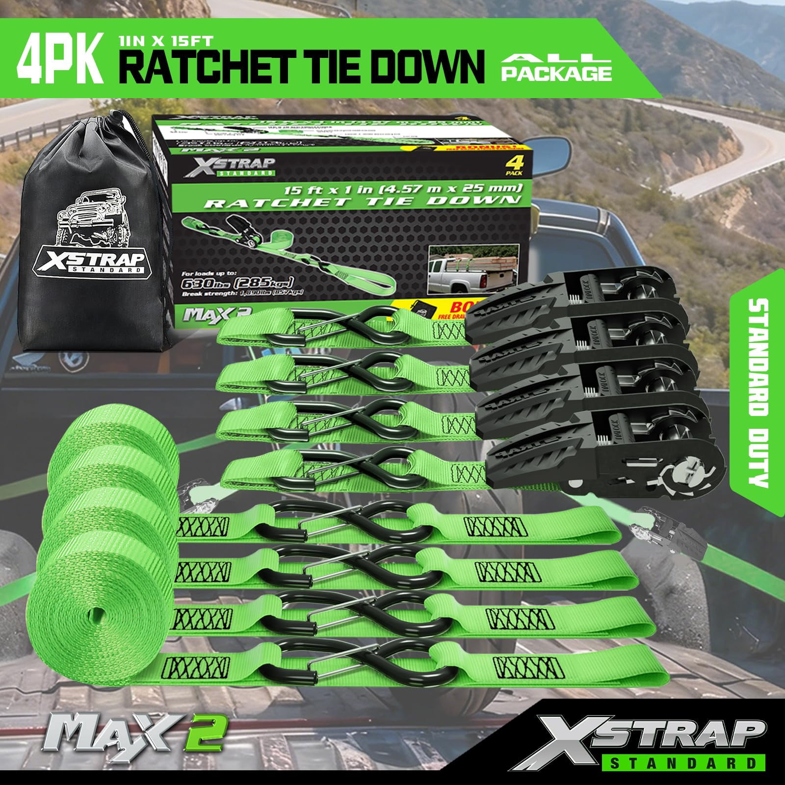 XSTRAP STANDARD Ratchet Tie Down Straps - 4 Pk - 1'' x 15 Ft 1890 Lbs Break Strength-Cargo Straps with Integrated Soft Loops, Truck (Green)