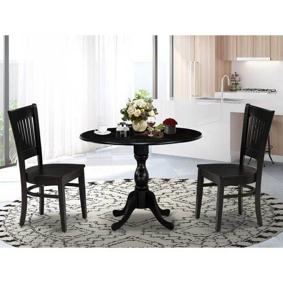 East West Furniture - DMVA3-BLK-W - 3-Pc Kitchen Dining Set- 2 Modern Chair with Wooden Seat and Slatted Chair Back - Drop Leaves Dining Table - Black Finish