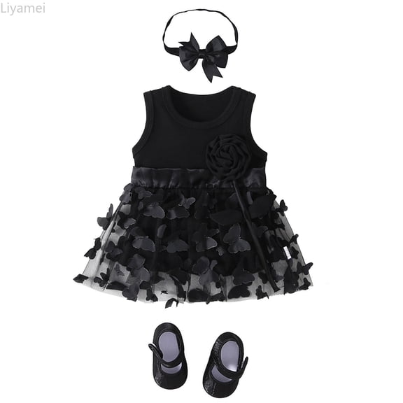 Liyamei Baby Girls Spring Summer Print Ruffle Sleeveless Princess Dress Shoes Headbands 3PC Clothing Girls Summer Dresses 18-24 Months