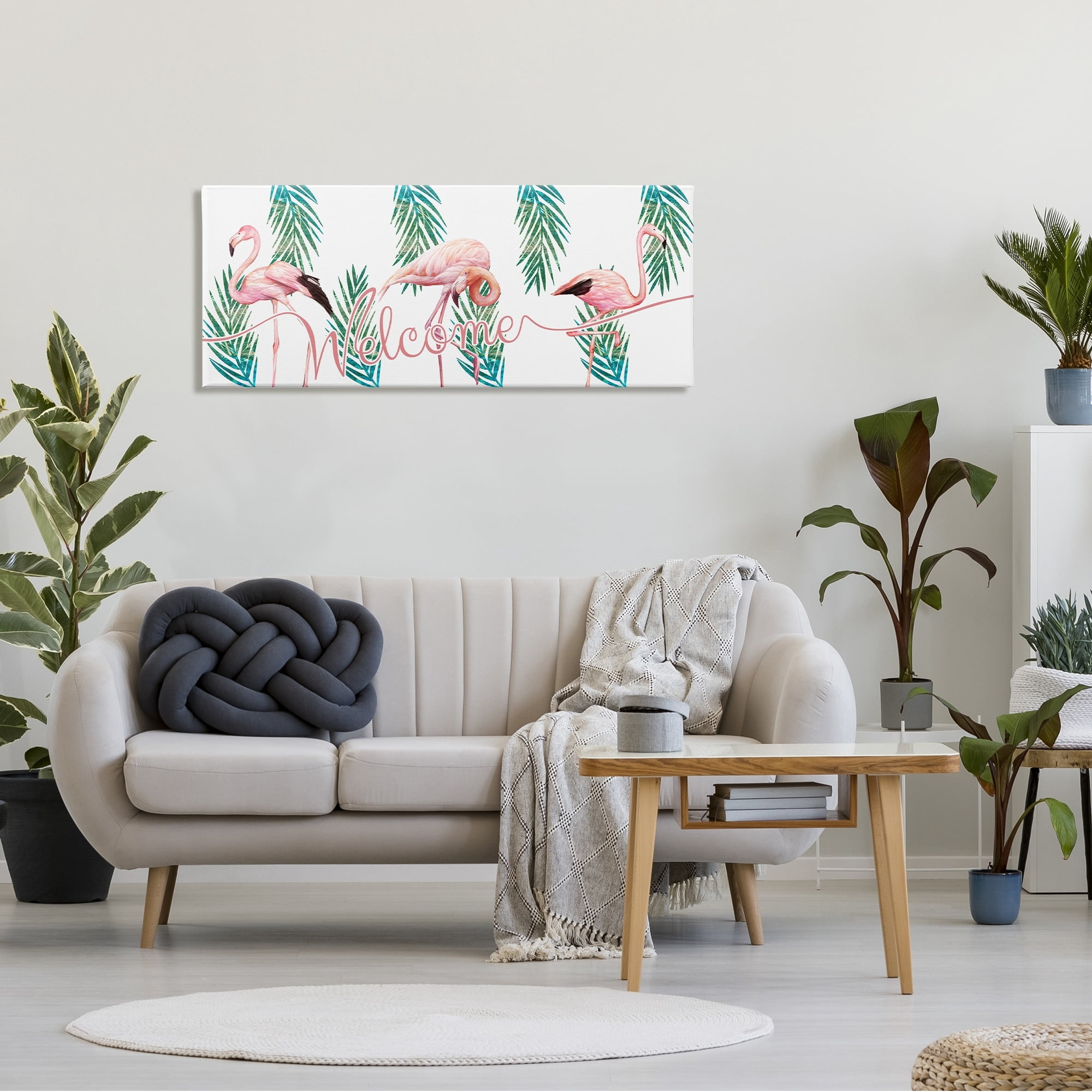 Stupell Industries Welcome Greeting Pink Flamingo Trio Tropical Palm Fronds, 48 x 20,Design by Ziwei Li