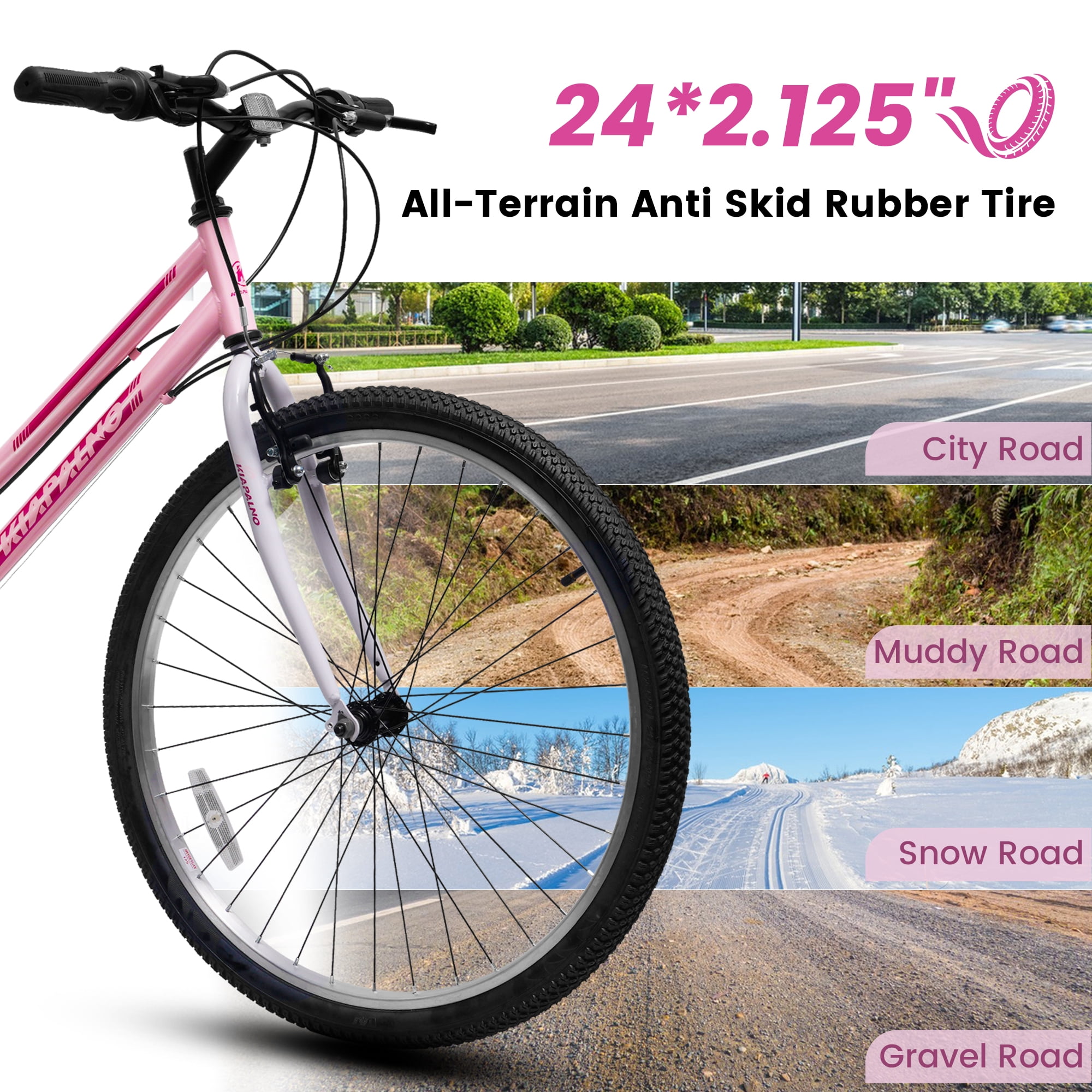 24 Inch Mountain Bike for Girls Women, 21 Speed Mountain Bicycle with V-Brake and Carbon Steel Frame, Female Commuting City Bike to School Work, Pink