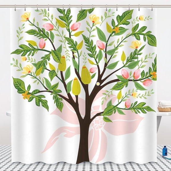 Vibrant Floral Shower Curtain with Stylized Tree & Blossoms - Pink, Yellow & Green Design