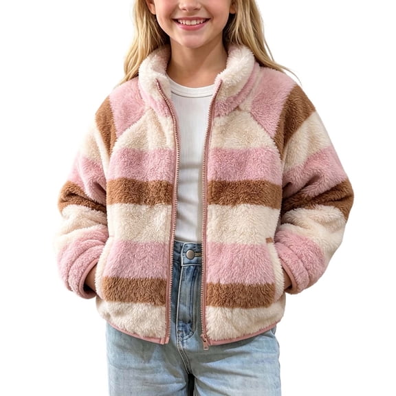 Agkizg Kids Girls Plushed Zip Up Jacket Long Sleeve Winter Coat with Pockets Solid Color Warm Sporty Casual Outerwear