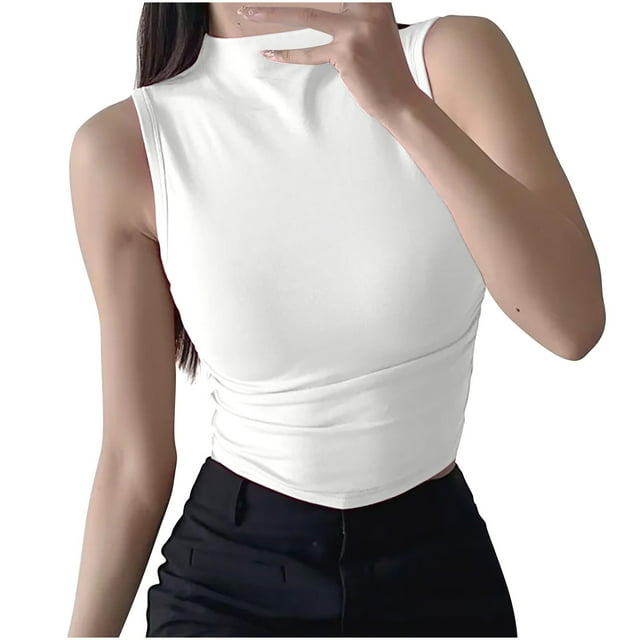 Yuyuzo Womens Crop Tops Sleeveless High Neck Tank Tops Solid Color Going out Tops Slim Base Layer Shirts Basic Tees