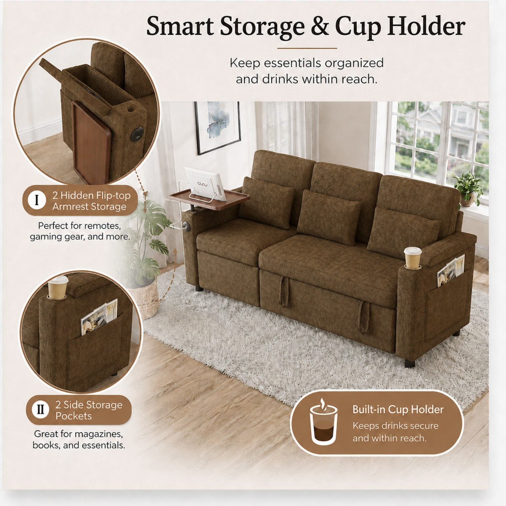 DEALTOPS 81" Chenille Pull-Out Sleeper Sofa Bed with Recliner, Tray Table, USB Ports & Storage, Brown