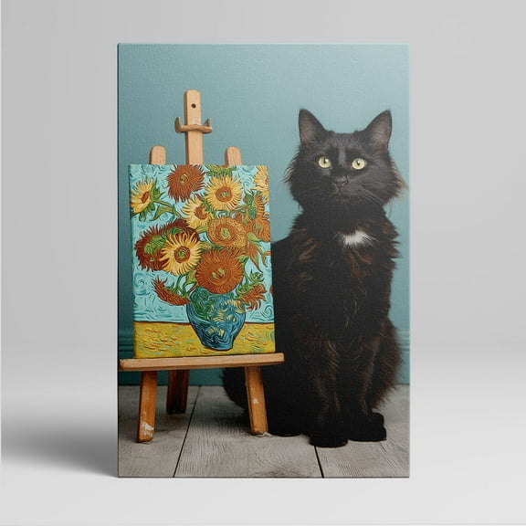 1pc Adorable Black Cat with Van Gogh - style Sunflowers Canvas Painting on Easel, framed Decor room hanging Wall Picture Decor for Home Gifts, living room, bathroom, bedroom, kitchen wall art decor