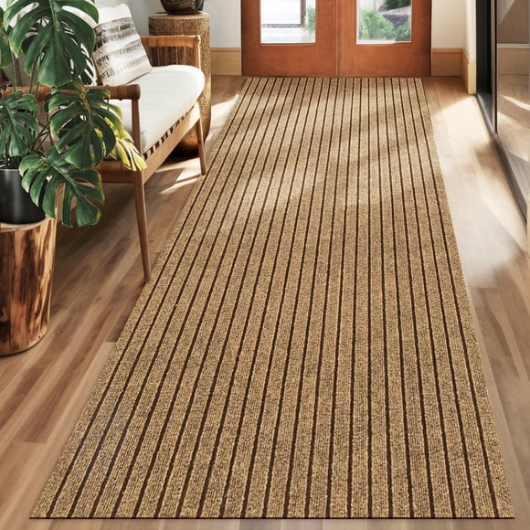 Koloko Runner Rugs Outdoor Indoor Non-Slip Area Rug Long Carpet Runners with Rubber Backing Mat Custom Size for Hallway Kitchen Entryway Garage, Brown Striped, 2' x 6'