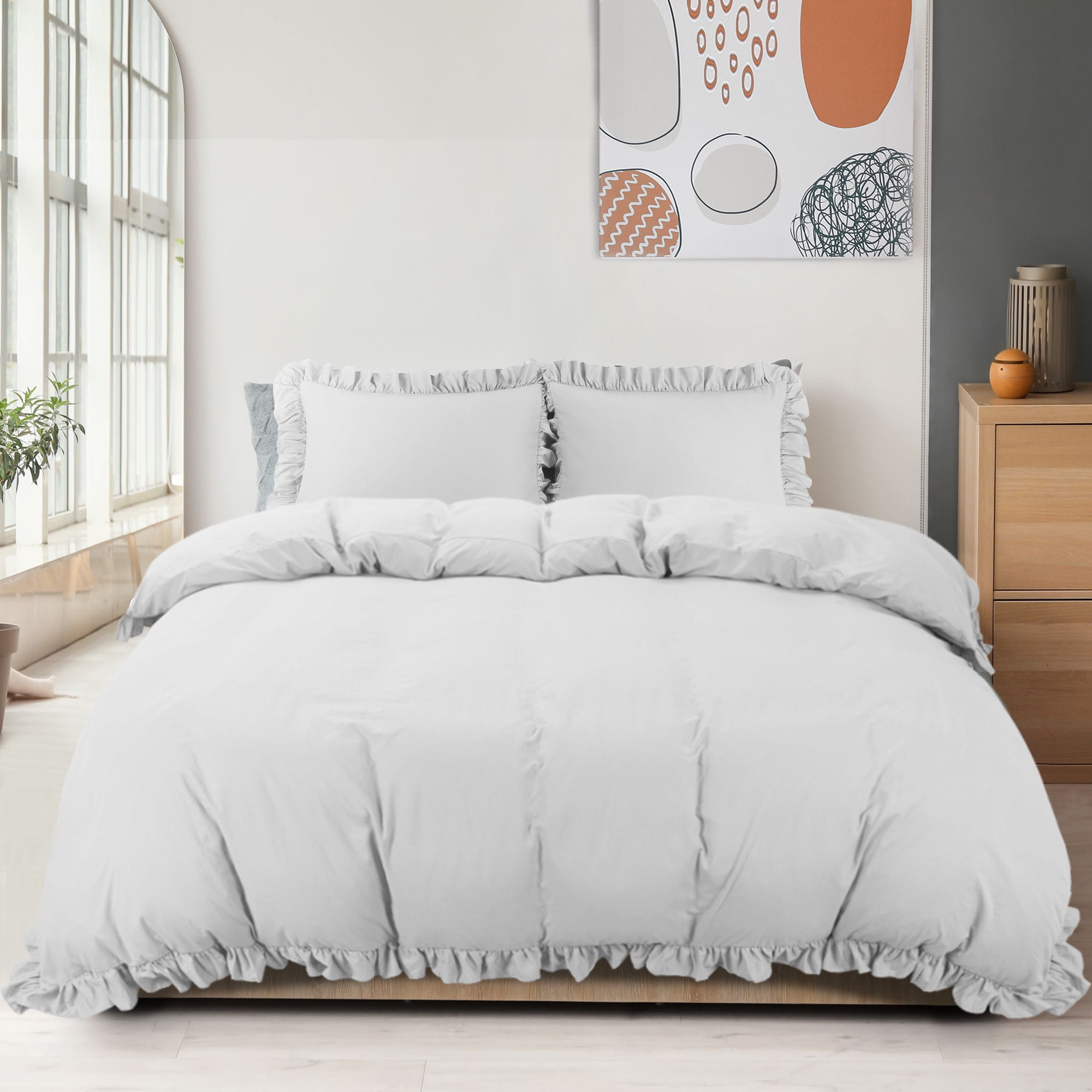 Unique Bargains 110GSM 3 Pieces Ruffle Brushed Duvet Cover Sets King Light Gray