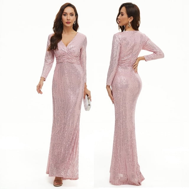 Vestido de cola de pez con lentejuelas y escote en V y manga larga, vestido de noche para banquete de anfitriona, vestido largo para mujer, vestido de dama de honor, vestido para brindis