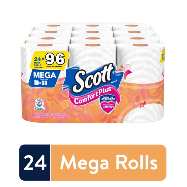 Scott ComfortPlus Toilet Paper, 24 Mega Toilet Paper Rolls, Bath Tissue