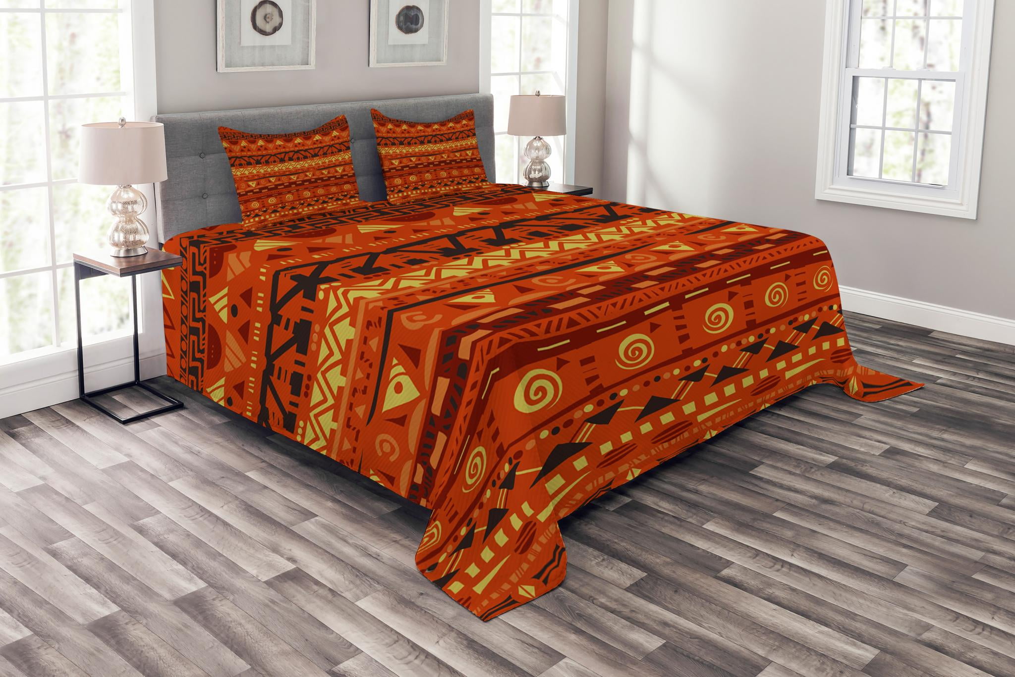 Tribal Bedspread Set King Size, Antique African Folkloric Motifs