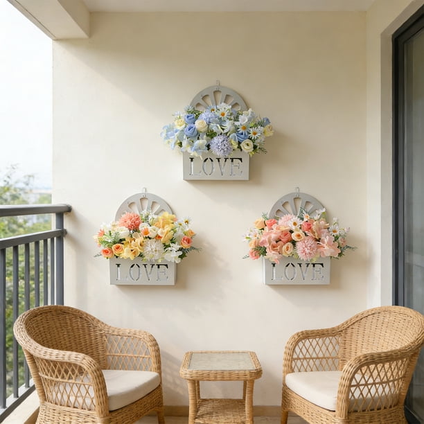 Adorno de cesta colgante de rosas artificiales - Decoración floral 3D realista, plástico multicolor, 18x15x25cm, sin mantenimiento, perfecto para paredes, barandillas, armarios, exhibición