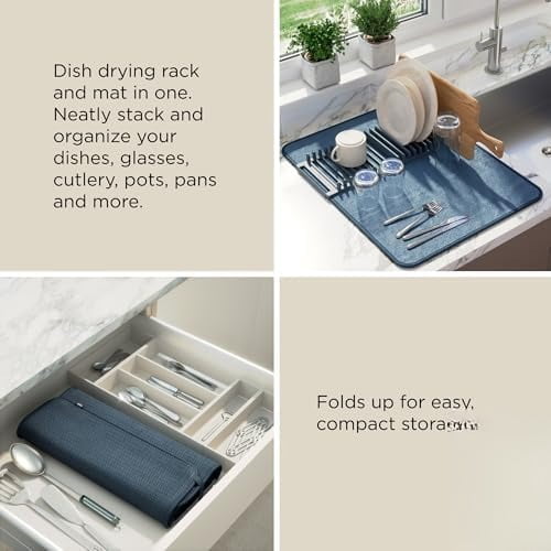 Udry Dish Rack and Microfiber Drying Mat – Space-Saving Design Folds Up for Easy Storage, Basic Rack, Slate Blue
