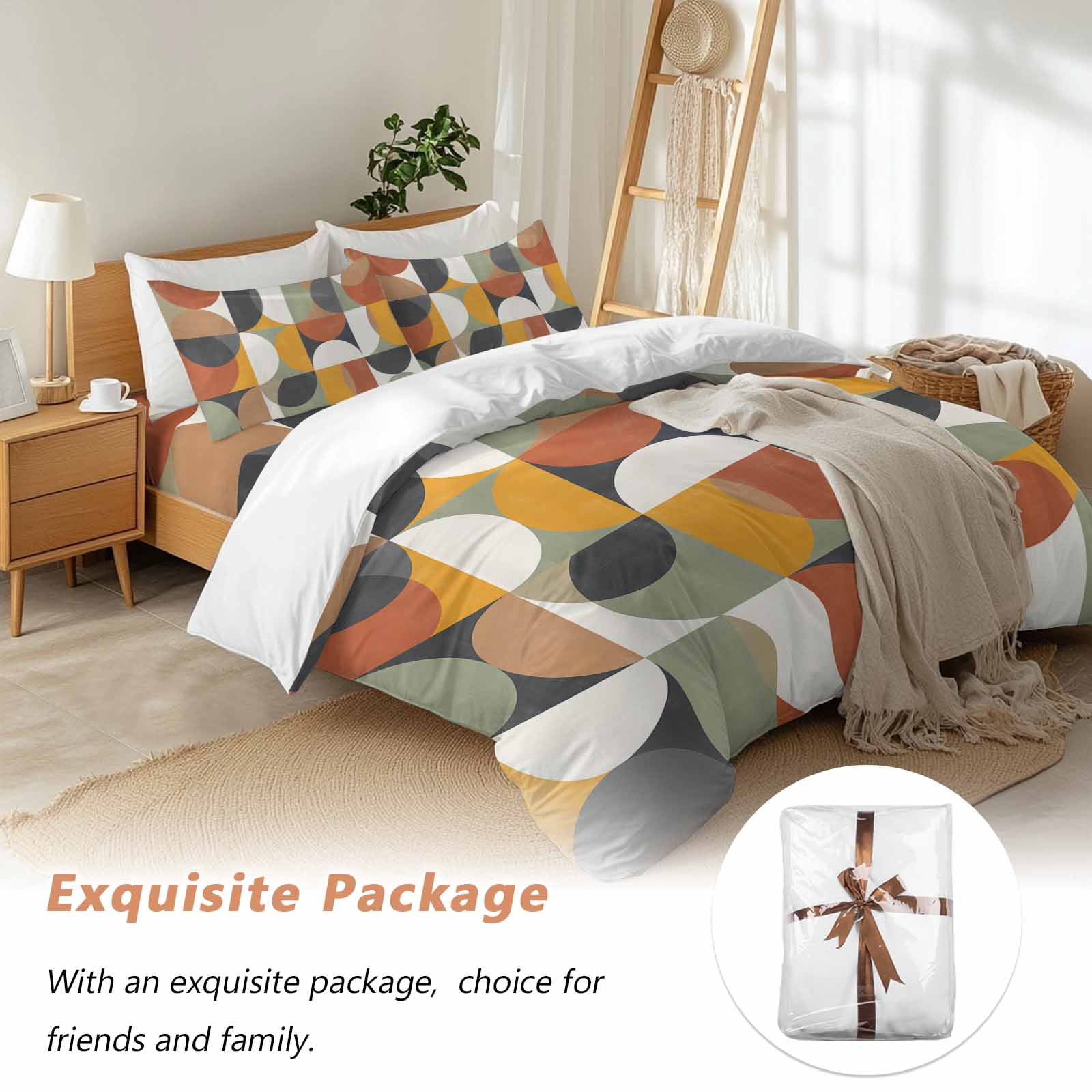 Mid-Century Modern Duvet Cover Set King Size, Abstract Geometric Semicircle Green 4 Piece Soft Microfiber Bedding Set with 1 Duvet Cover, 1 Flat Sheet, 2 Pillowcases