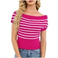 thumbnail image 2 of Sevevn Women Sexy Boat Neck Off Shoulder Sweater,Short Cap Sleeve Striped Knit Crop Top,Spring Summer Trendy Casual Outfit, 2 of 9