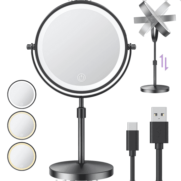 Eotvia 5X Magnifying Lighted Makeup Mirror with 360° Rotation, Touch Sensor Control, Height Adjustable Stand, Large 8.5" Rechargeable 3 Color Mode Dimming Cosmetic Mirror for Home Bathroom Vanity