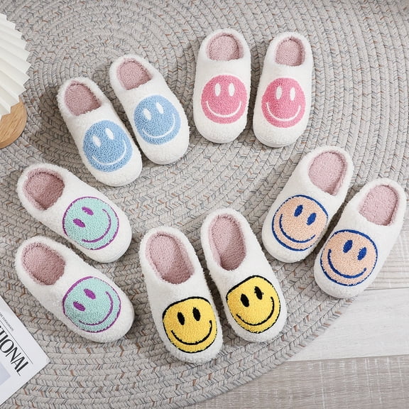 ZELAND 2024 New Kids' Smiley Face Fuzzy Winter Slippers for Girls - Warm & Fashionable Indoor/Outdoor Plush Shoes