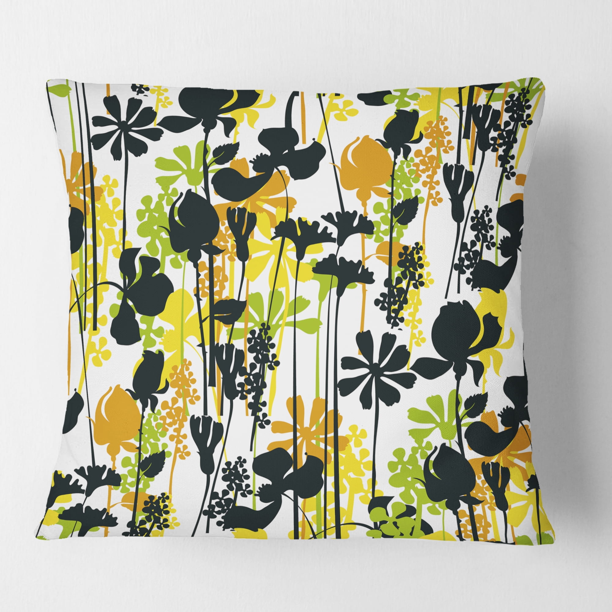 Designart Summer meadow pattern, black silhouettes' Mid-Century Modern Throw Pillow - 18x18