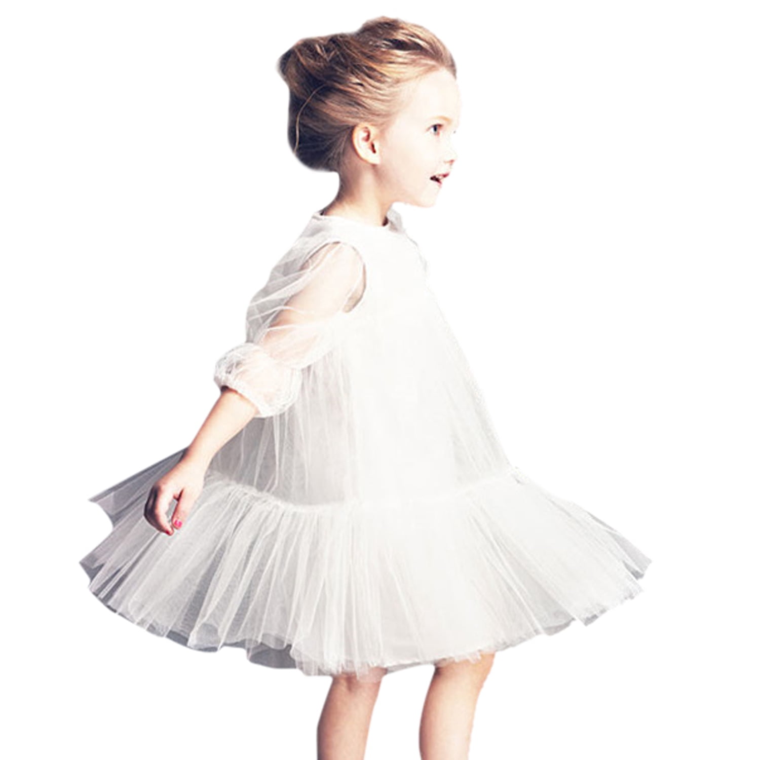 Girls Pink Tulle Tea Length Flower Girl Dress with Long Sleeves, Pink, 4Y