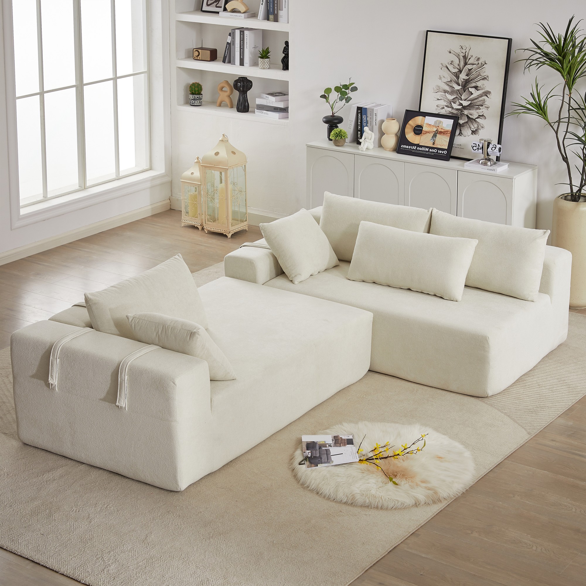 Modern Upholstered Sectional Sofa Couch,108" L Shaped Chenille Modular Free Combination Sofa Couch With 6 Pillows for Living Room,Bedroom,Right Chaise,Beige