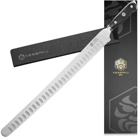 Kessaku Carving Meat Knife - 14 inch - Dynasty Series - Razor Sharp - Serrated Granton Edge - Forged ThyssenKrupp German High Carbon Stainless Steel - G10 Garolite Handle with Blade Guard