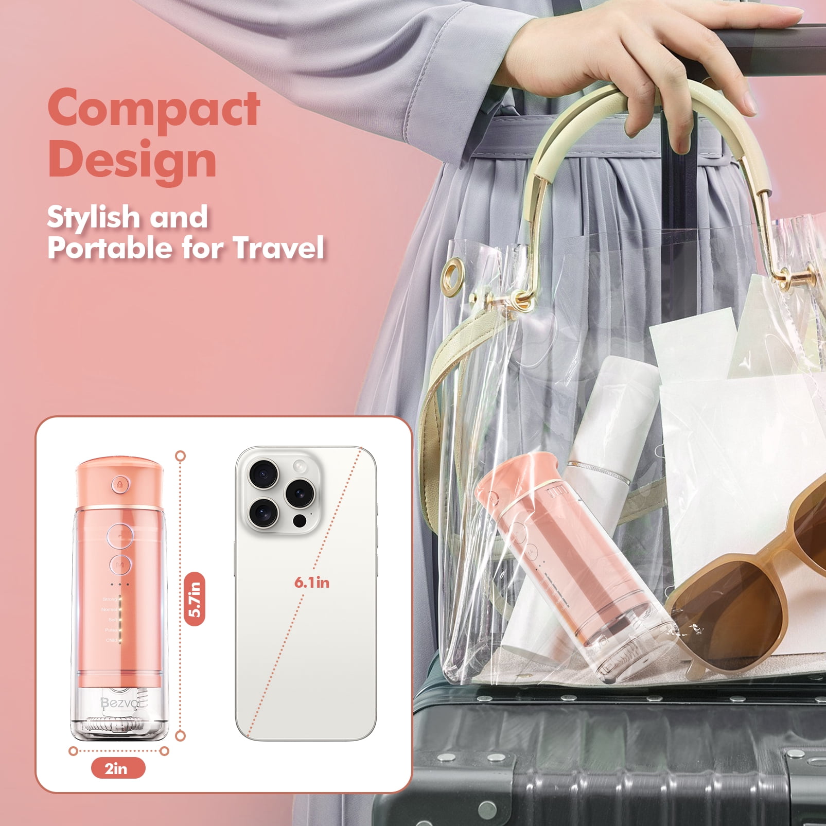 Bezvoi Water Flosser Cordless Travel, Mini Oral Irrigator with Telescopic Water Tank, 5 Modes, 6 Jet Tips, IPX7 Waterproof Electric Portable Water Teeth Cleaner Picks for Braces Bridges Care