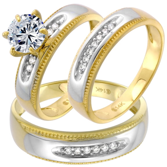 2-Tone 14k Gold CZ Trio Engagement Wedding Ring Set 3-Pc Round Milgrain L 5-10 M 8-14, Ladies size 9.5